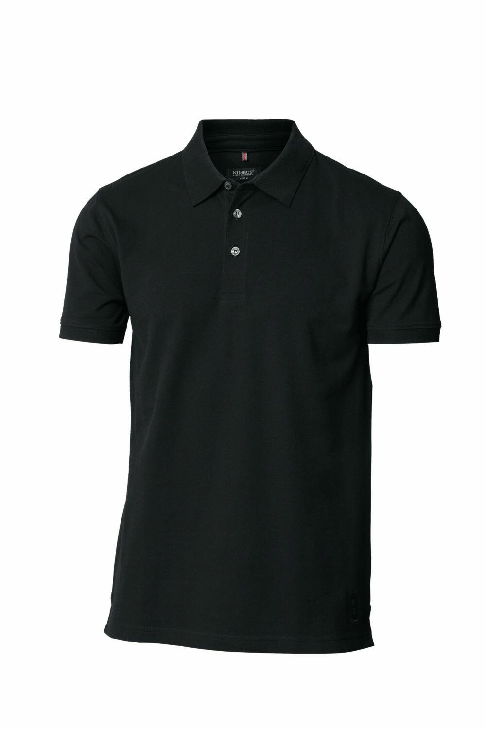 Introducing the Nimbus NB52M: a sleek black short-sleeve polo shirt featuring a classic collar and three-button design.