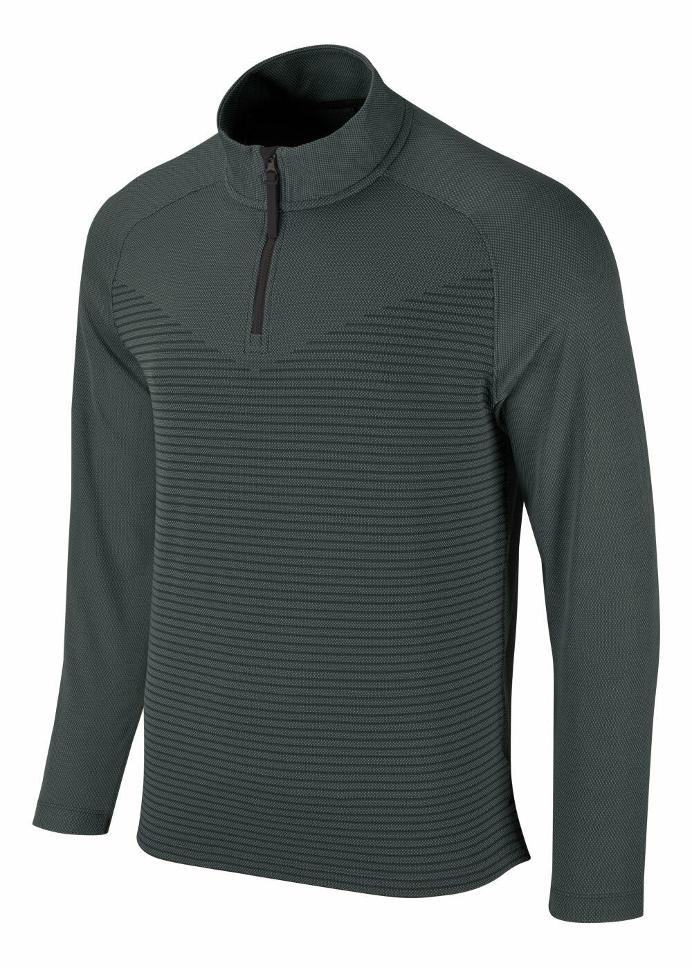 Nike's NK339 quarter-zip pullover, featuring a dark green hue, ribbed texture, and long sleeves, is displayed on a white background.