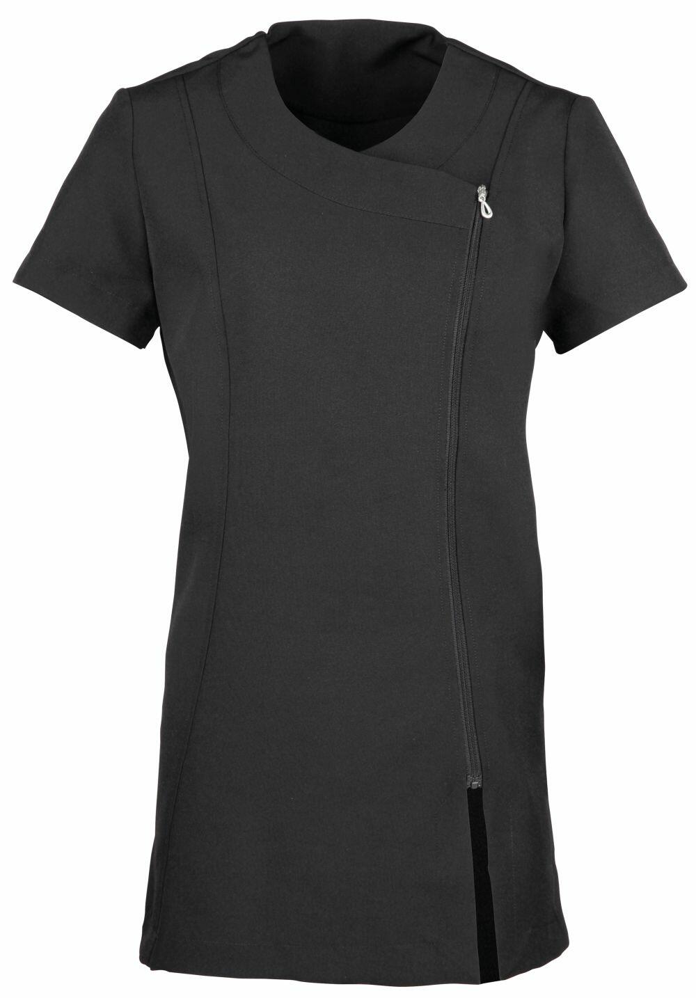Premier's PR686 is a black short-sleeve dress featuring a diagonal front zipper and an asymmetric collar.