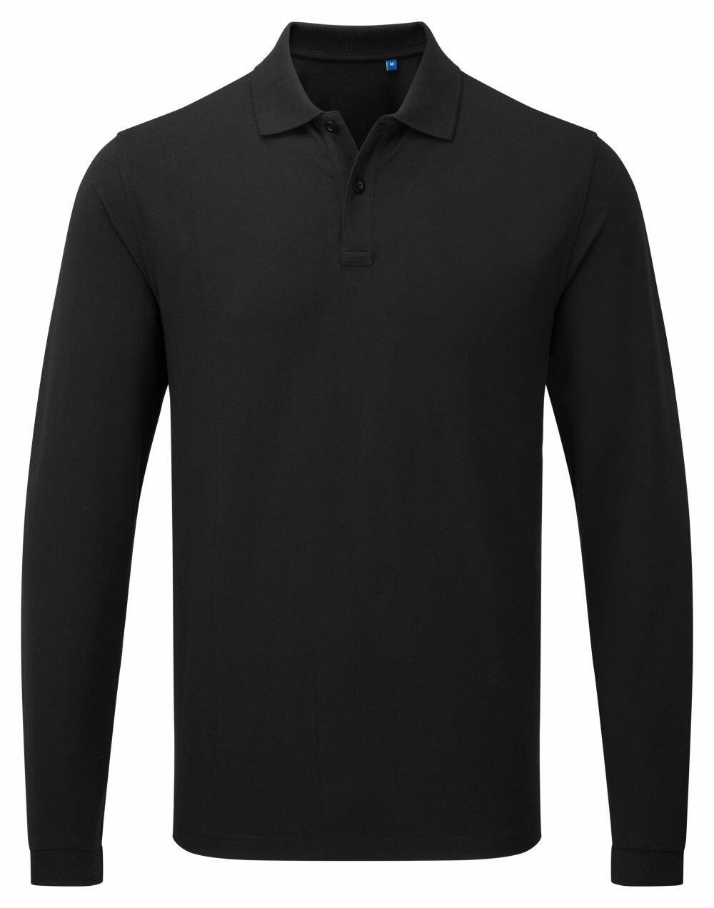 Premier's PR997 is a black long-sleeve polo shirt featuring a collar and three buttons.