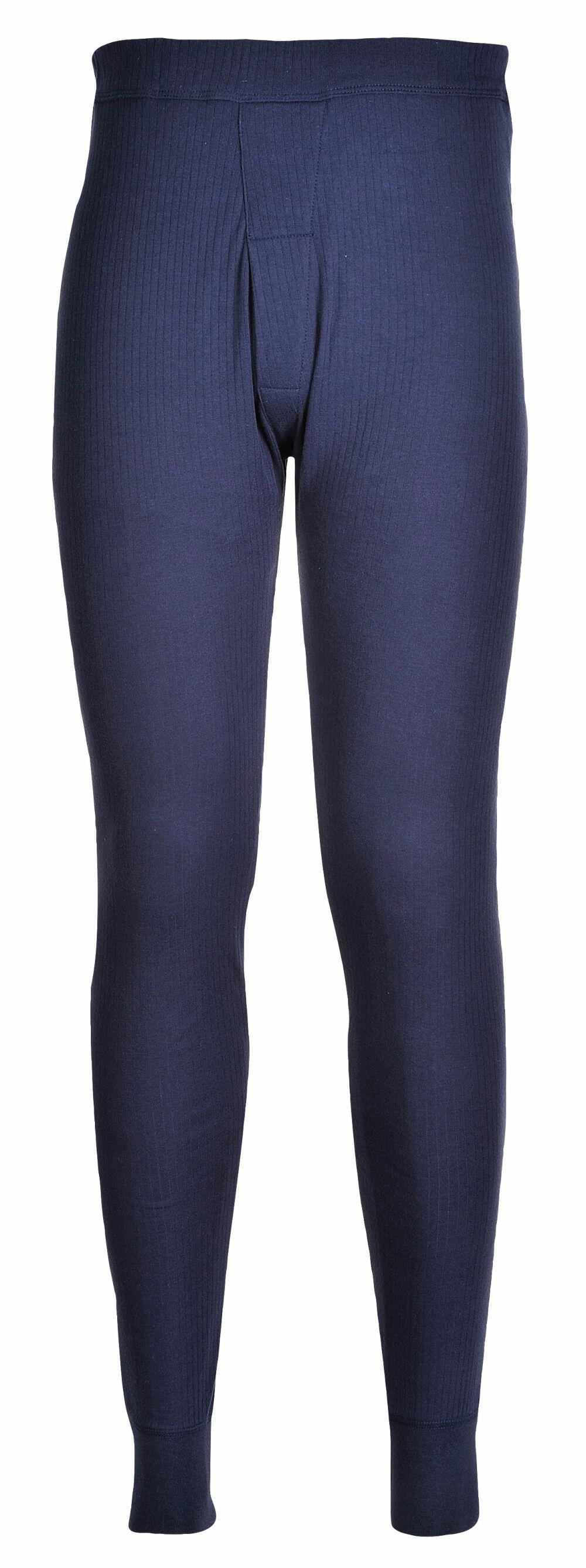 Navy blue ribbed long johns by Portwest (Model PW142) with an elastic waistband and a front vertical flap, displayed on a white background.
