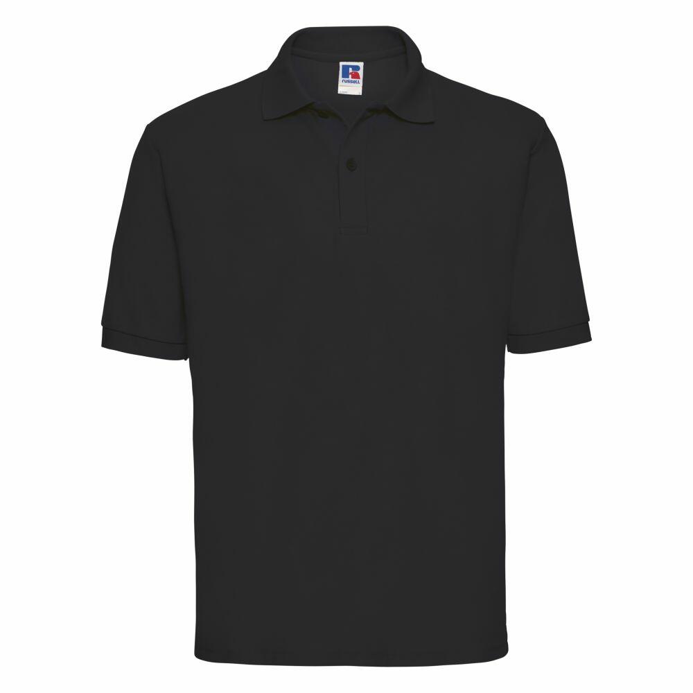 Russell J539M black polo shirt featuring short sleeves, a collar, and three buttons.