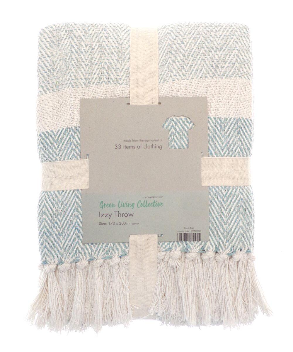 A folded duck egg green and white woven throw blanket with fringes, tagged with product information from Home & Living, named "HL208.