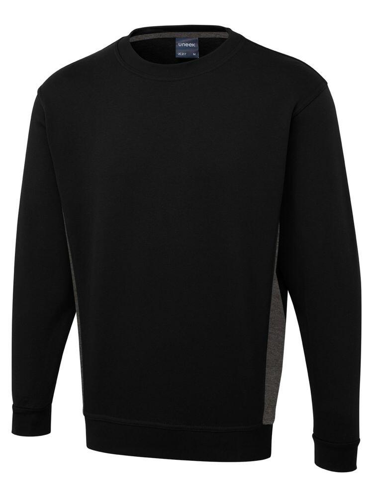 Uneek Two Tone Crew New Sweatshirt in Black with Charcoal detailing