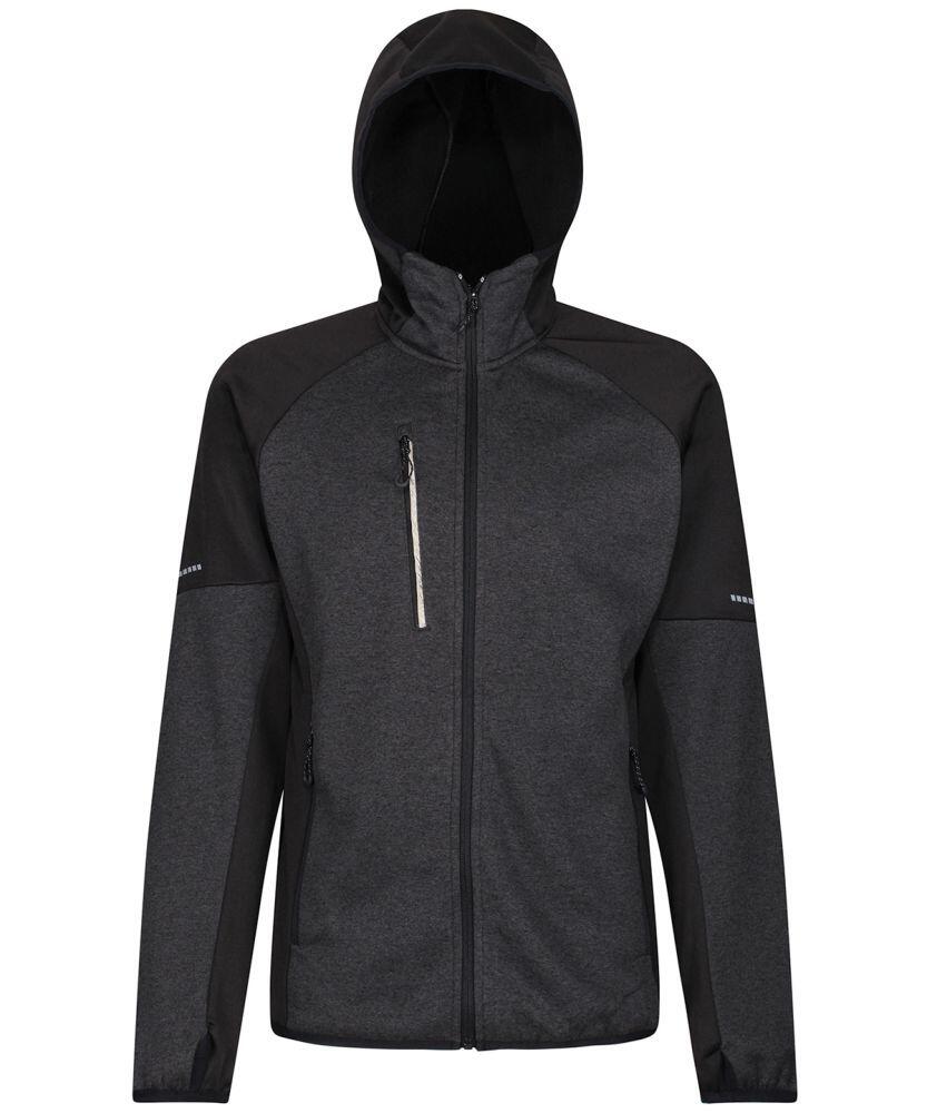 Introducing the RG268 by Regatta Professional: a stylish hooded jacket in black and dark gray, featuring a convenient front zipper and a small zippered chest pocket.