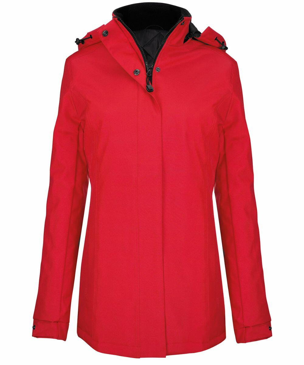 A red hooded jacket with black interior lining, displayed on a white background. The K6108 by Kariban has a zipper and buttons on the front.