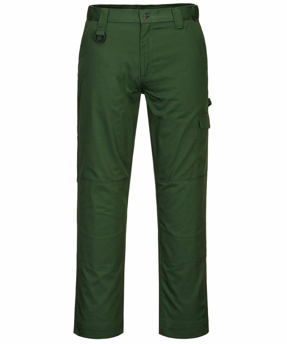 A pair of dark green PW123 cargo pants by Portwest with multiple pockets and belt loops, displayed against a plain white background.