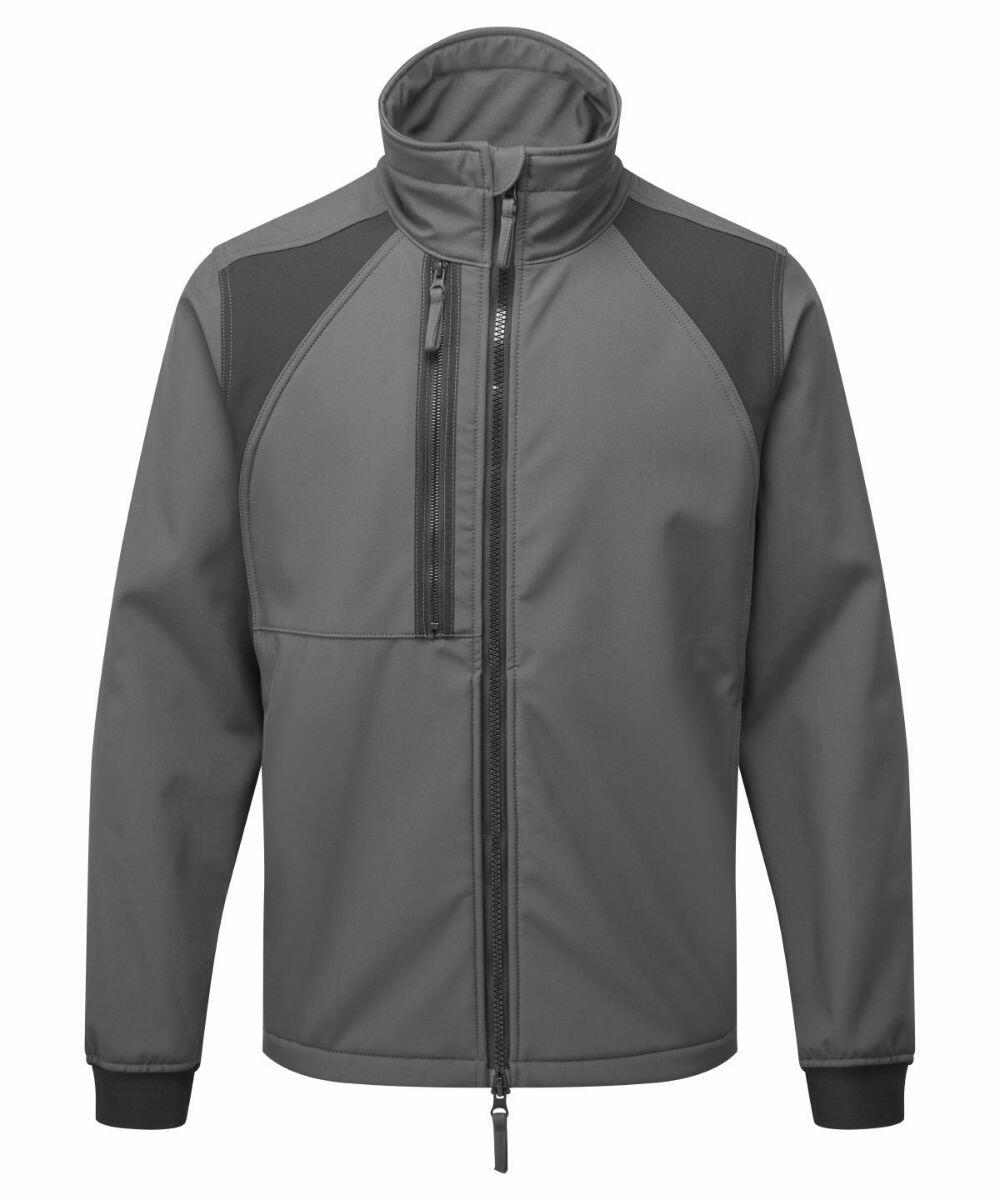 A gray zip-up jacket with black shoulder patches and a high collar. The Portwest PW135 features a chest pocket with a vertical zipper and two side pockets.