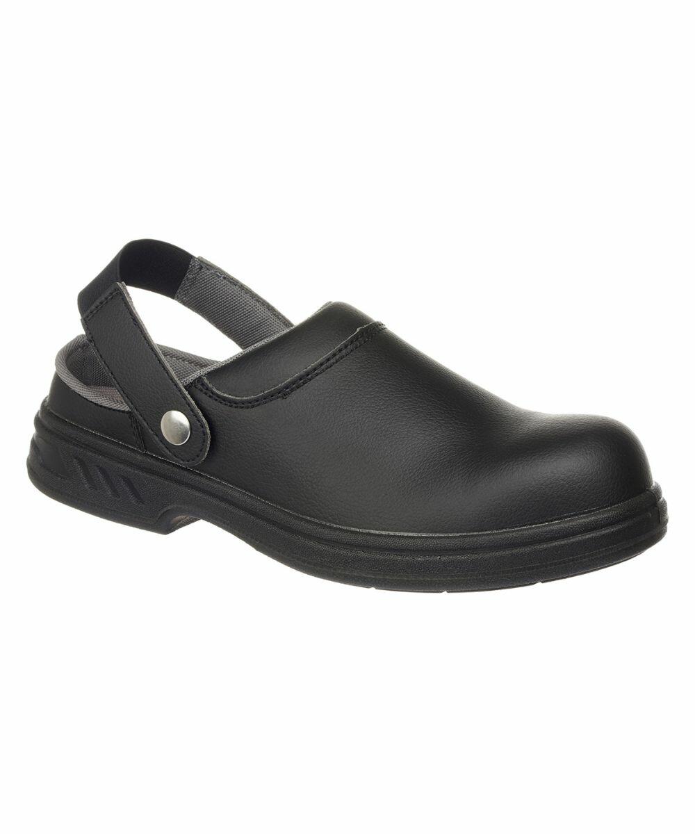 Black leather clog with a back strap and slip-resistant sole. The shoe features a closed toe design with a simple, functional appearance. This is the Portwest PW301.