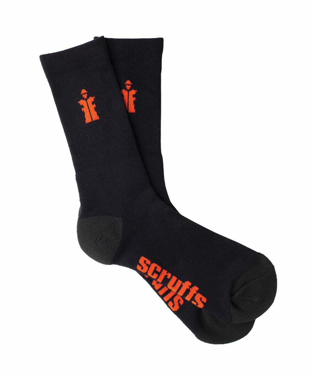 A pair of black socks with orange "Scruffs" text on the soles and an orange stylized logo near the top.