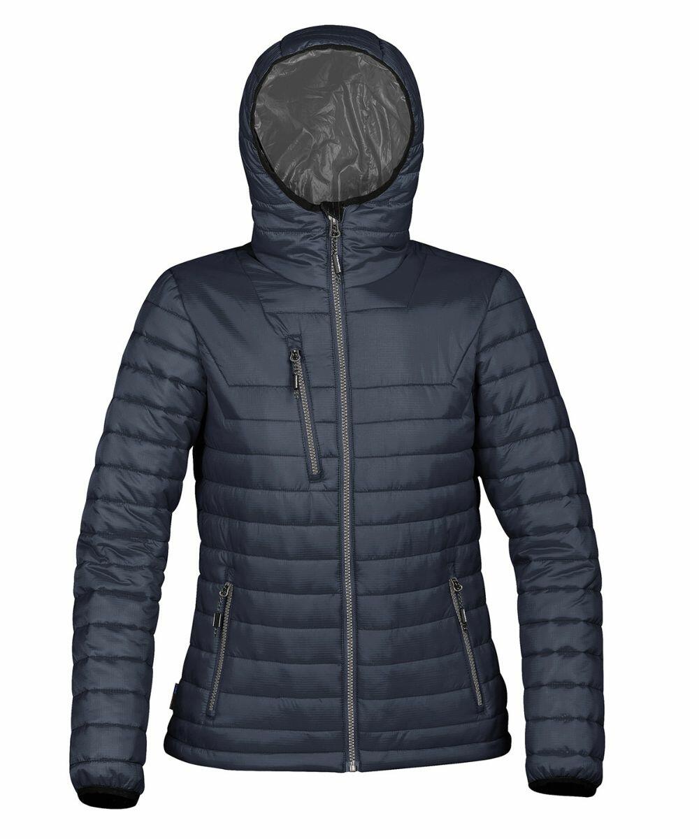 A Stormtech ST804 navy blue puffer jacket with a hood, featuring a front zipper, zipped chest pocket, and two zipped side pockets.