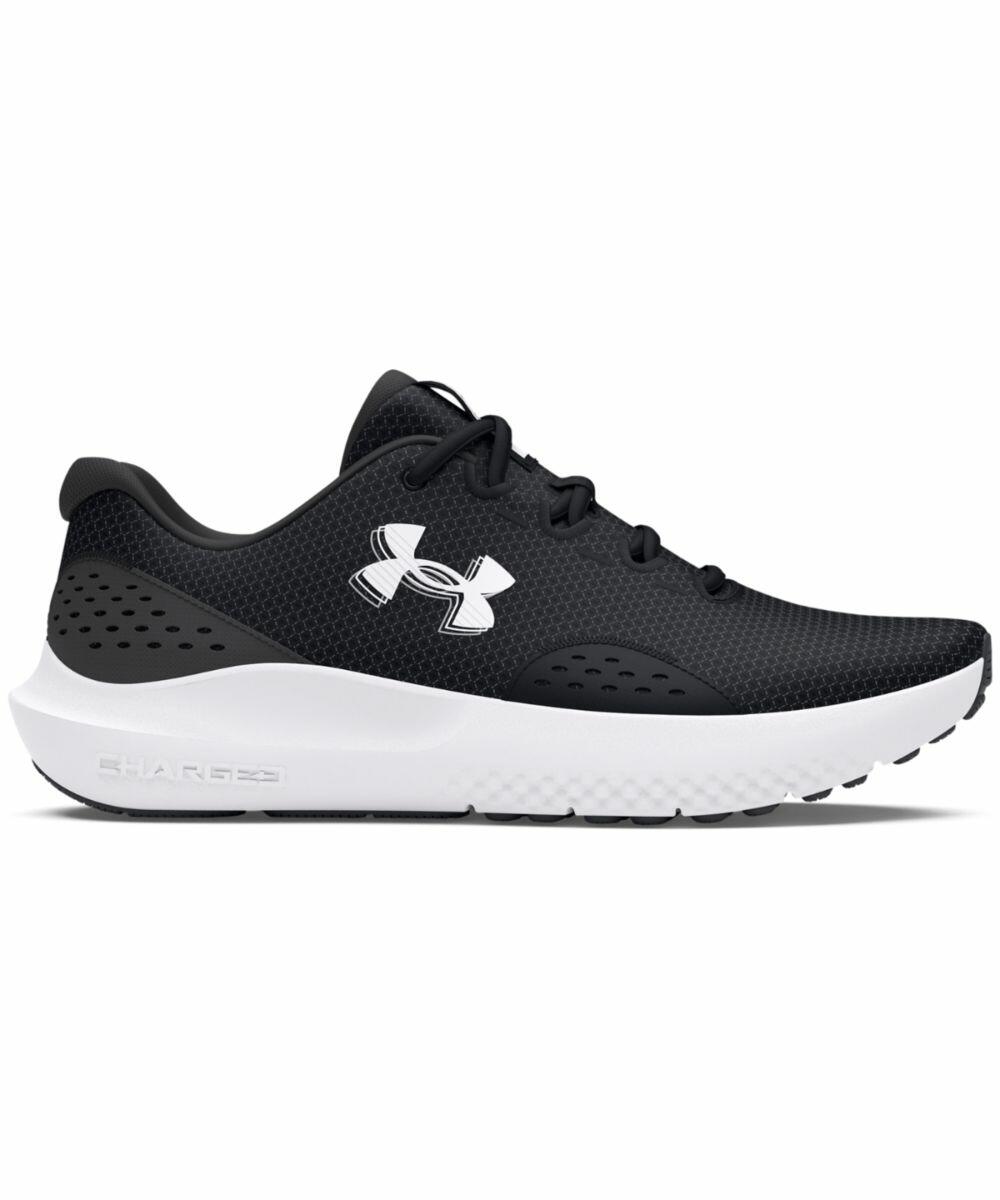 A black athletic shoe with a white sole, featuring the Under Armour logo on the side. The Under Armour UA063 has a mesh upper and lace-up closure.