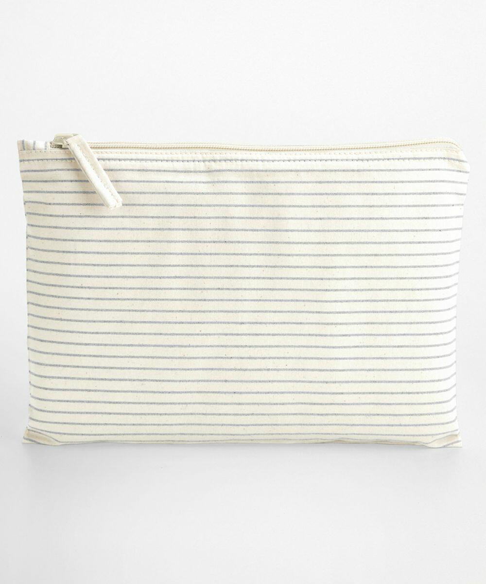 A rectangular white pouch with horizontal gray stripes and a zipper closure on top, called the WM253 by Westford Mill.