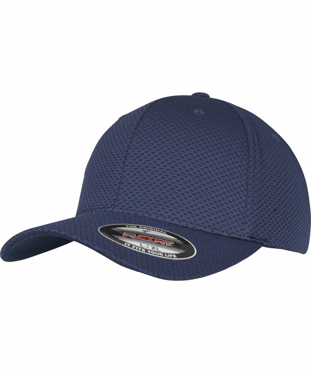A navy blue baseball cap with a textured fabric and a curved brim. The cap is the YP052 from Flexfit By Yupoong and has a Flexfit sticker on the front.