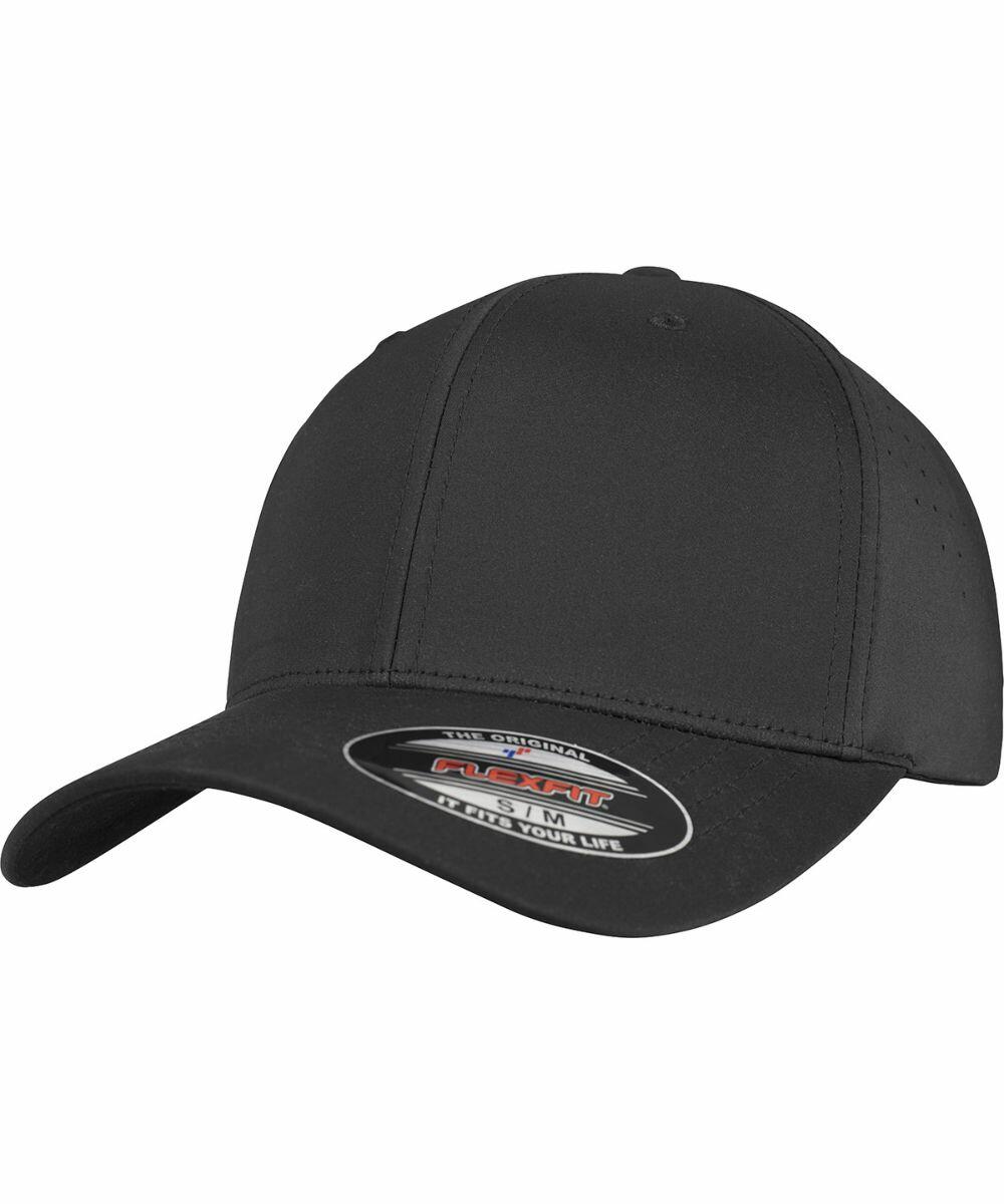 A black baseball cap with a curved brim and a sticker on the brim displaying size and brand information by Flexfit By Yupoong, model YP114.