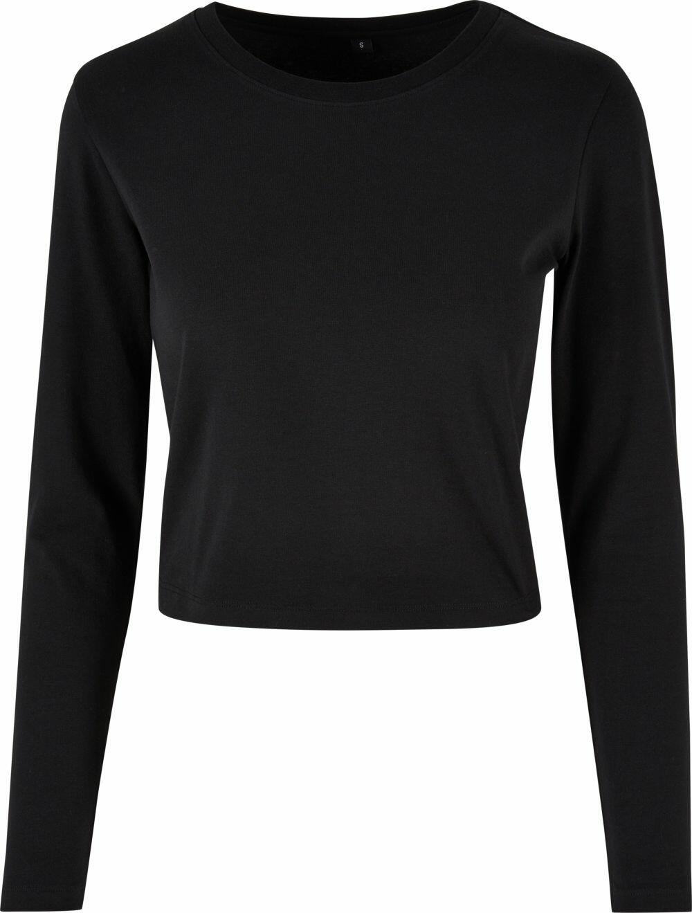 BY261 by Build Your Brand, a black long-sleeve crop top featuring a round neckline, is displayed against a plain white background.