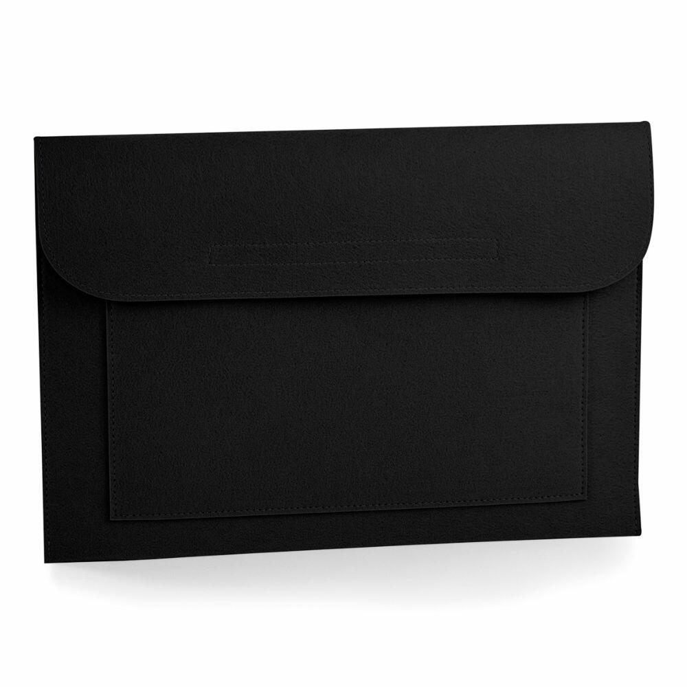 Introducing the Bagbase BG726: a black rectangular envelope featuring a convenient front pocket and a secure flap closure.