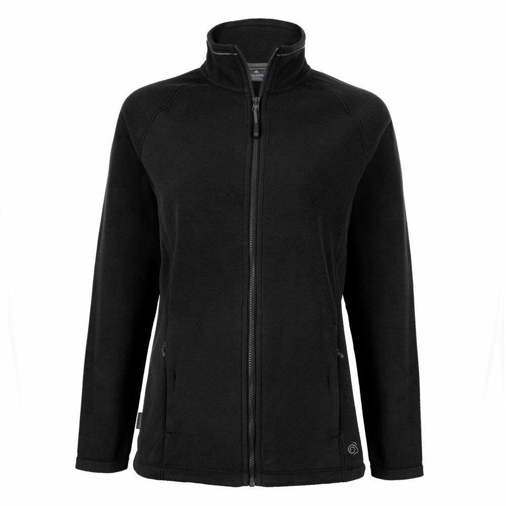 CR316 by Craghoppers is a black fleece jacket featuring a zip-up design, high collar, and two side pockets with zippers.