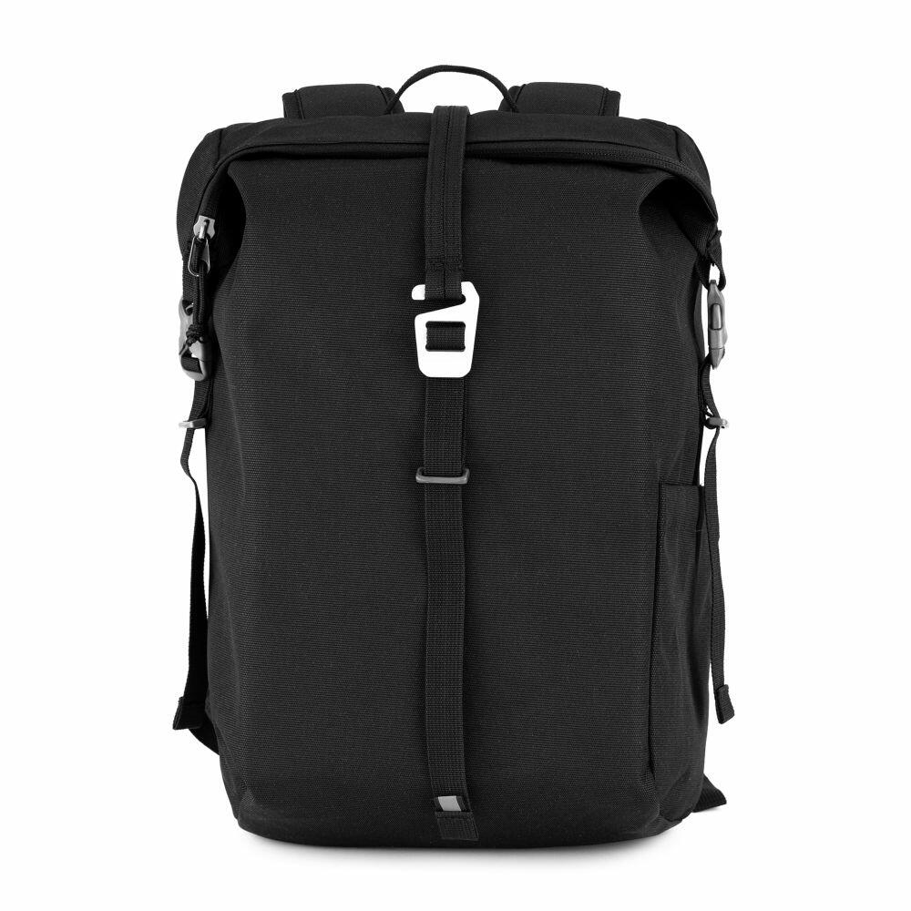 A stylish black backpack with a roll-top design and metal buckle closure is centered in the image. I features adjustable shoulder straps and two side pockets, creating a minimalist and functional design reminiscent of the Craghoppers Kiwi Classic Rolltop.
