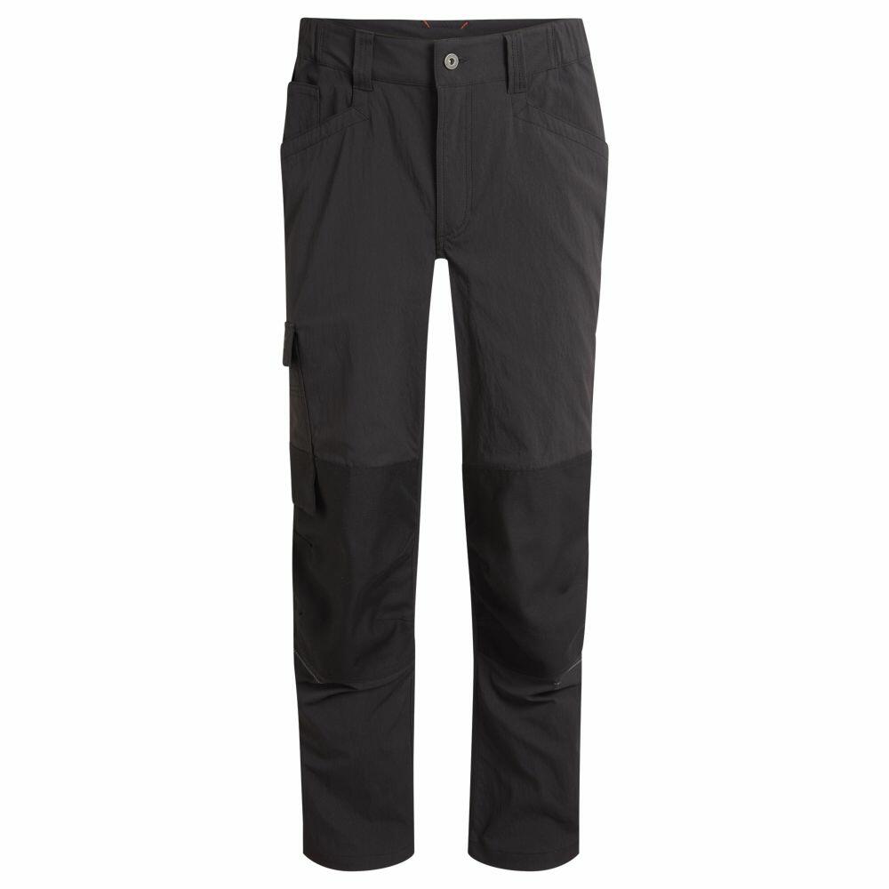 Craghoppers CR706 black cargo pants featuring side pockets and a button-and-zip closure, displayed on a white background.
