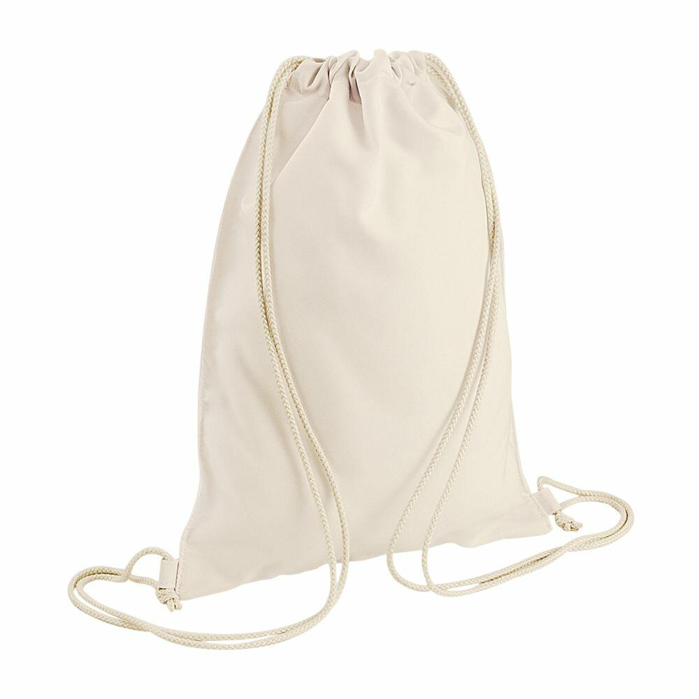The Bagbase BG910 is a plain beige drawstring backpack made of soft fabric, featuring two thin shoulder cords.