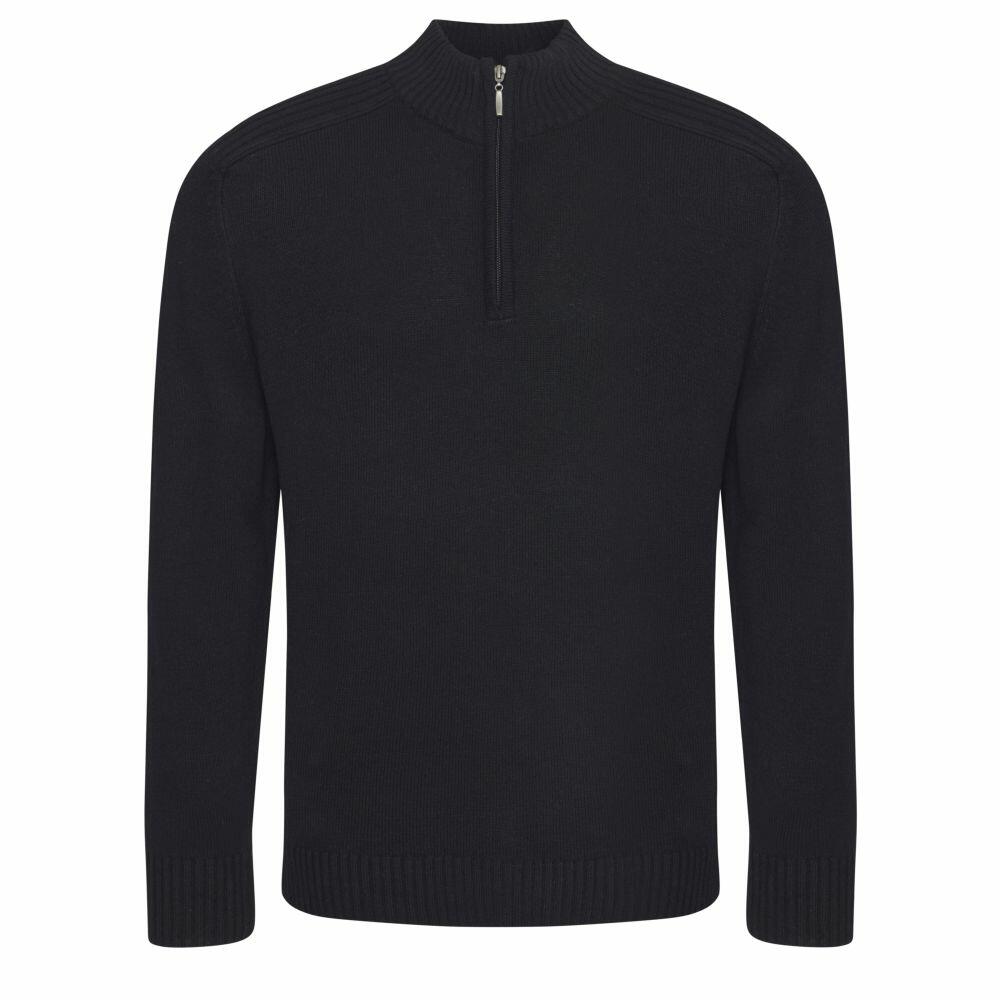 The EA061 by AWDis Ecologie is a black long-sleeve pullover sweater featuring a half-zip neckline and ribbed cuffs.