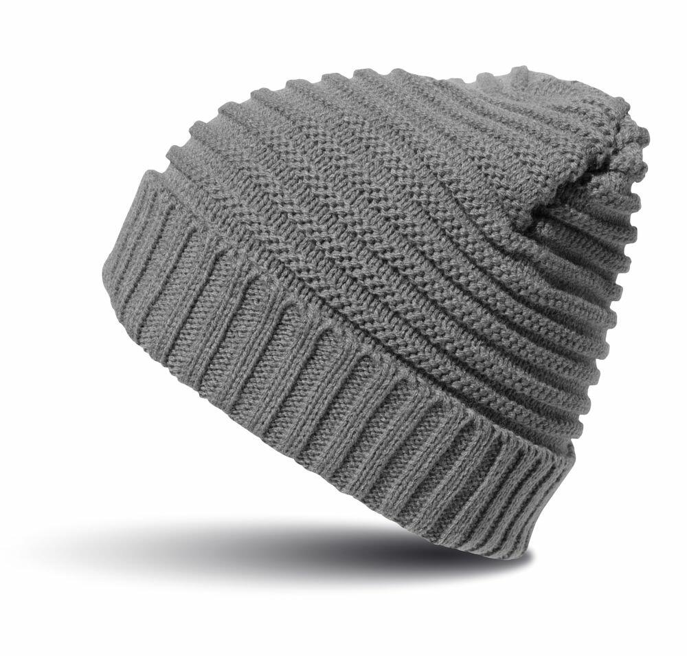 The R376X by Result Winter Essentials features a gray knitted beanie hat with a ribbed fold-over cuff, displayed from the side against a white background.