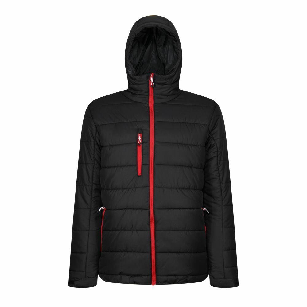 The RG338 by Regatta Professional is a black puffer jacket with a hood, featuring red zippers and a zippered chest pocket.