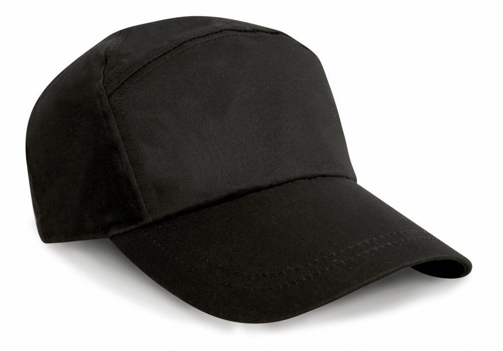 Product Description: The RC02X by Result Headwear is a sleek black baseball cap featuring a minimalist design without visible logos or embellishments, set against a white background.