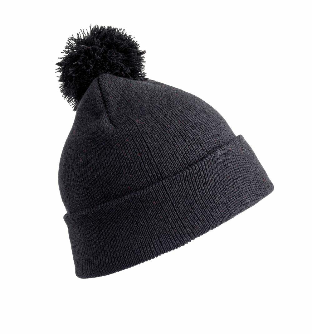A Result Winter Essentials RC28X beanie hat in black, featuring a knit design with a pom-pom and a folded brim.