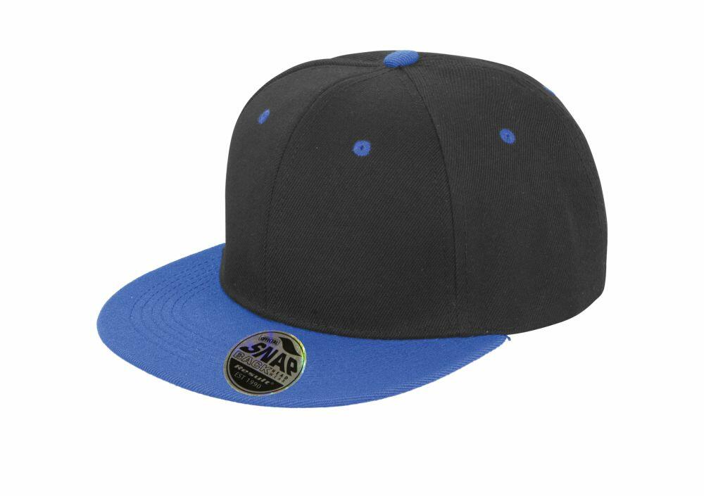Introducing the RC82X by Result Headwear, a black and blue snapback cap featuring a blue visor and top button, complete with a sticker on the brim.