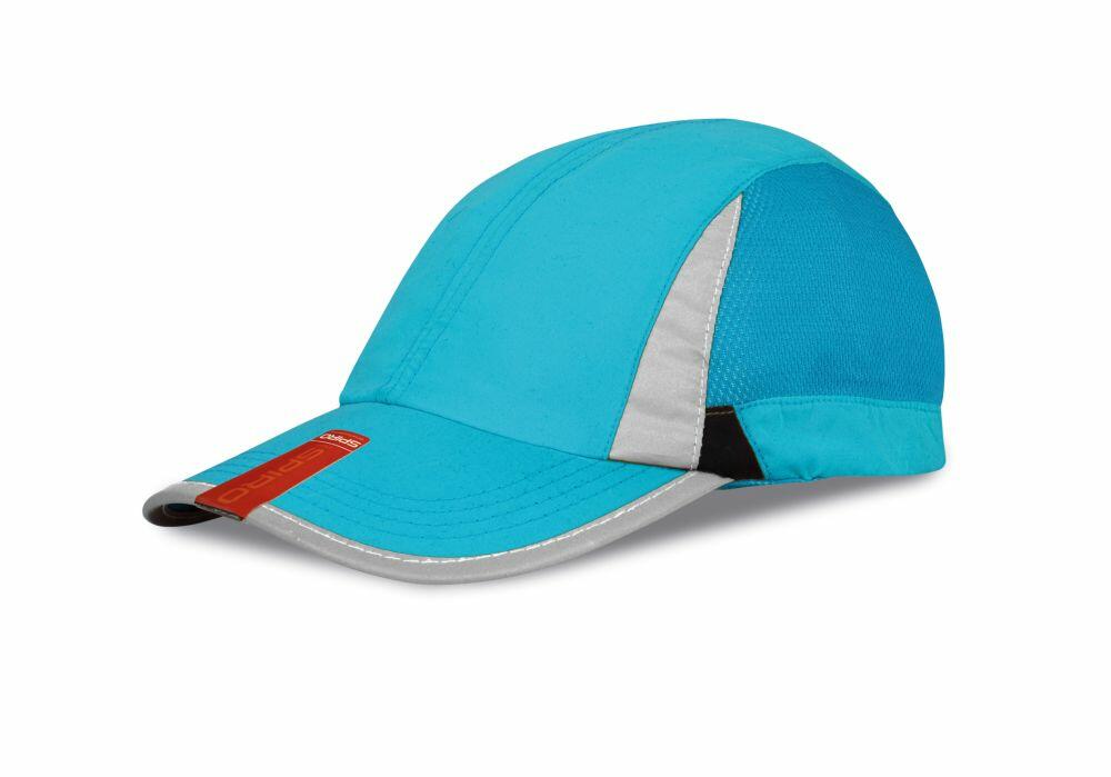 RC86X baseball cap by Result Headwear, featuring a blue and gray design with reflective strips and a distinctive red tag on the brim.
