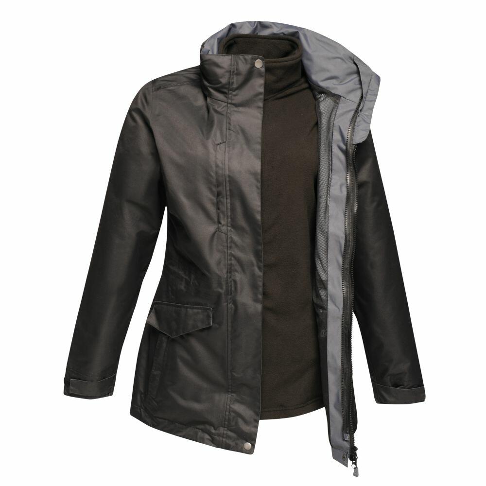 A dark green RG111 waterproof jacket by Regatta Professional, featuring a gray hood and a zip-up front, displayed open to showcase its dark inner lining.