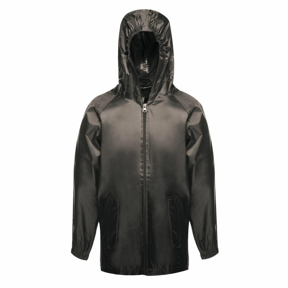A black waterproof RG255 raincoat by Regatta Junior, featuring a hood and front zipper.