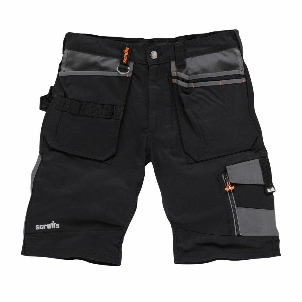 Scruffs SH029 black and gray utility work shorts featuring multiple pockets and tool loops.