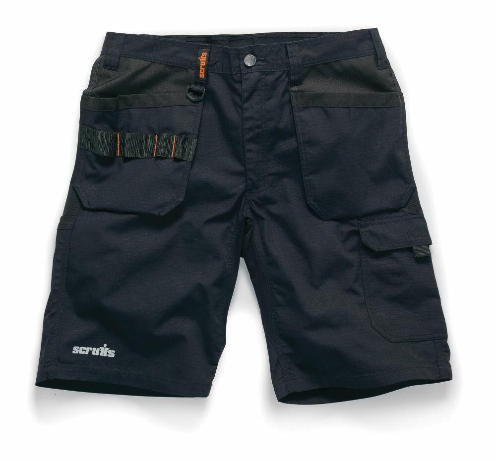 Scruffs SH034 black work shorts featuring multiple pockets and a logo on the left thigh.