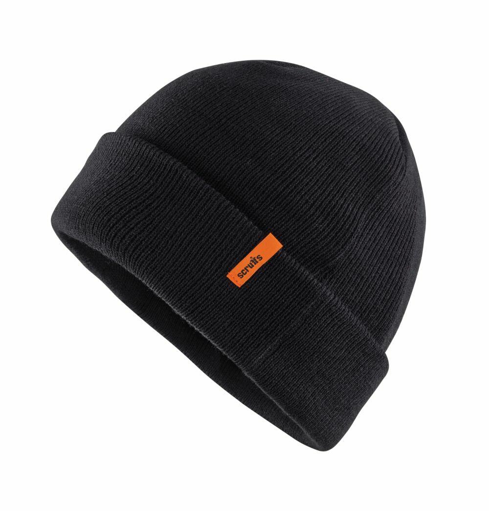 Scruffs SH084 black beanie featuring a folded brim and a small orange tag with text on the side.