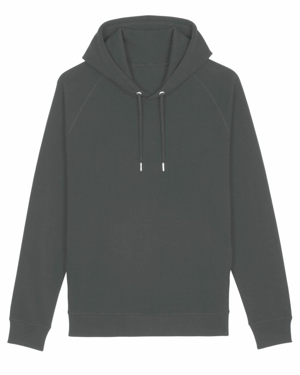 SX066 by Stanley/Stella, a dark green hooded sweatshirt featuring drawstrings, long sleeves, and ribbed cuffs, laid flat against a white background.