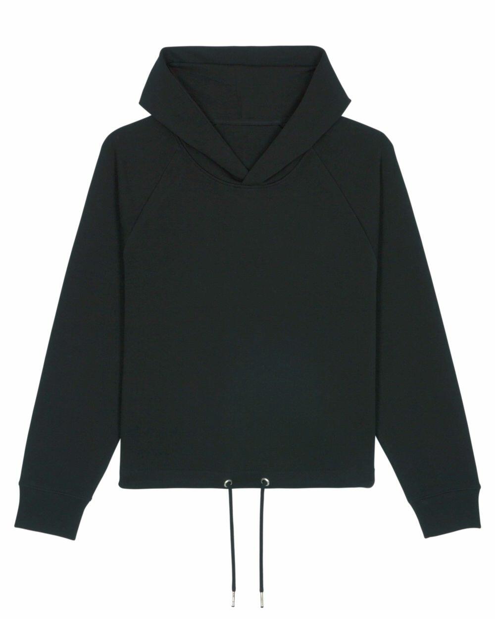 Stanley/Stella's SX069 is a black hooded sweatshirt featuring long sleeves and adjustable drawstrings at the hem.