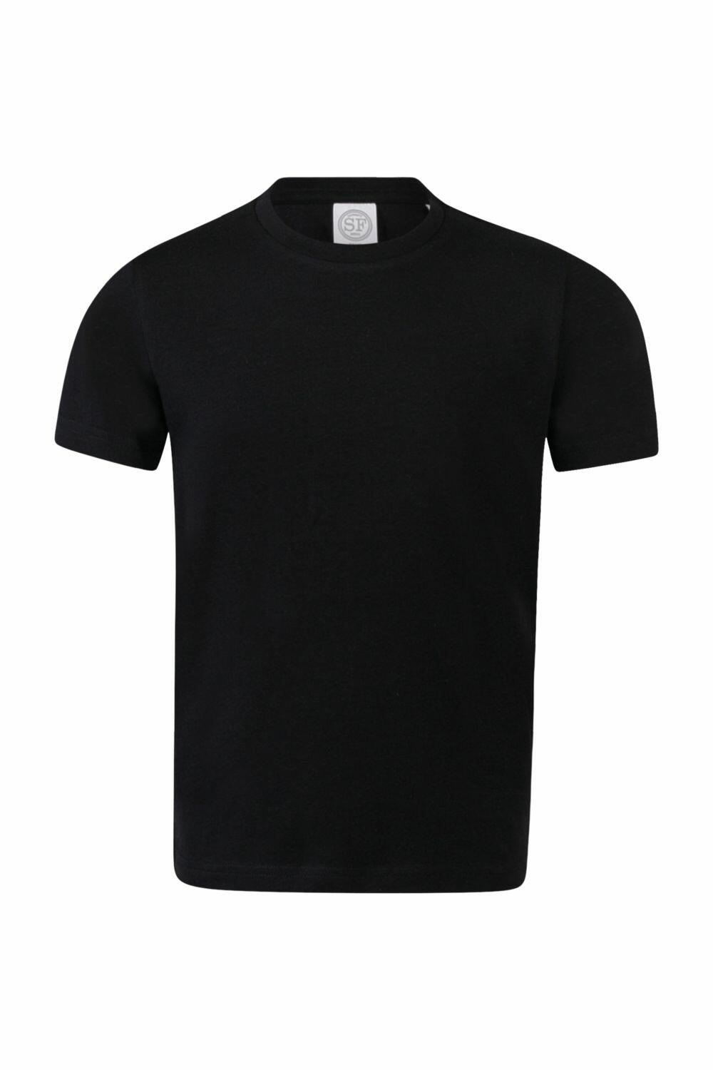 The SF Minni SM121, a simple black t-shirt displayed on a white background.