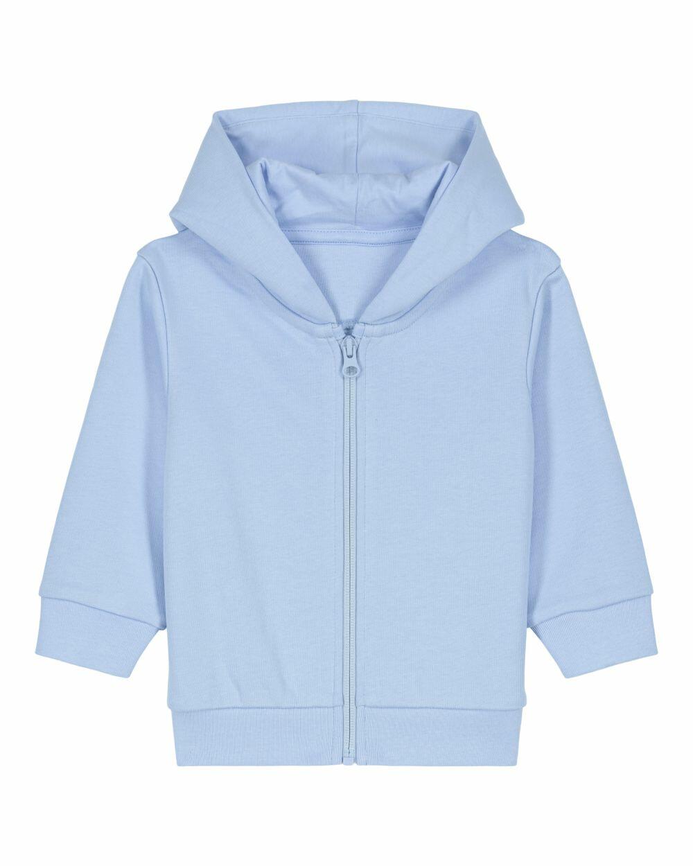 SX229 by Stanley/Stella, a light blue baby hoodie featuring a zipper and a hood, displayed on a simple white background.