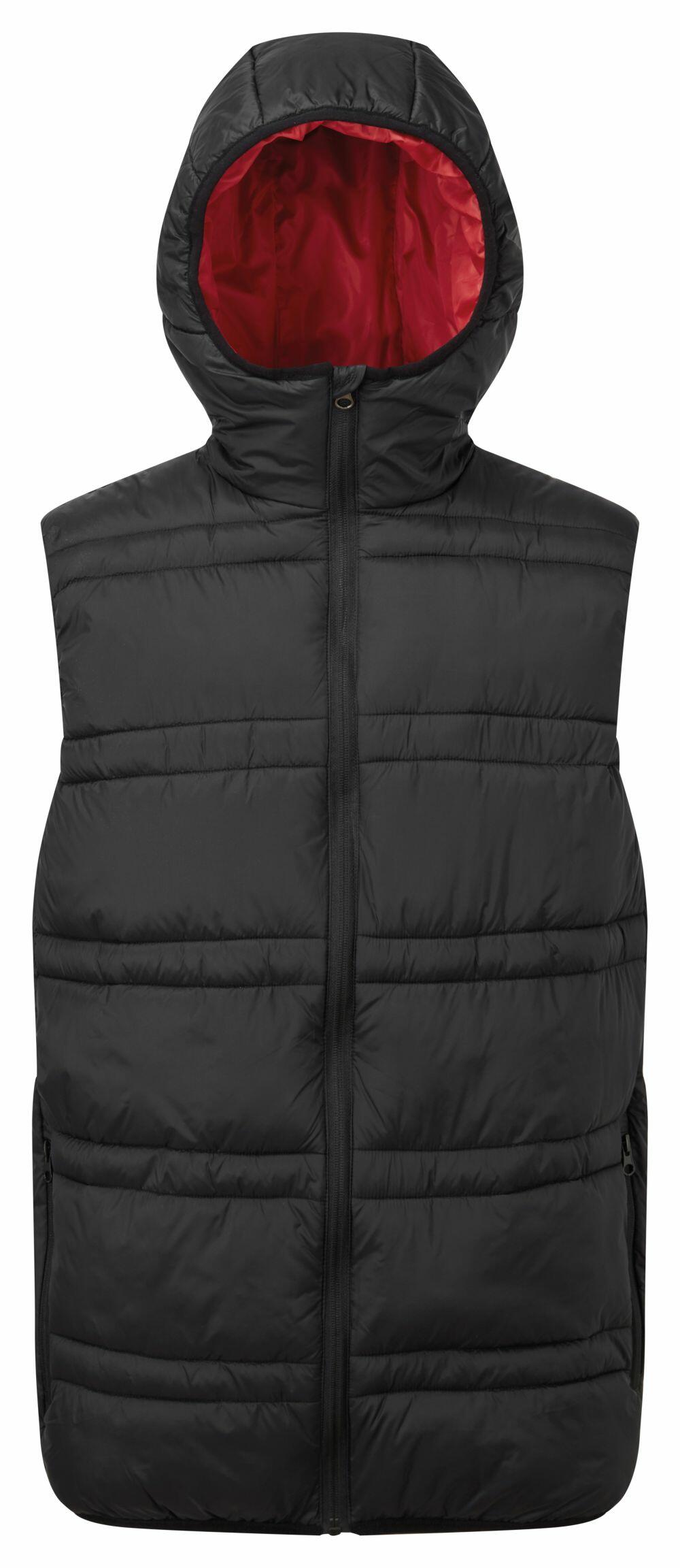 2786's TS039 features a black sleeveless padded design, a front zipper, and a hood lined with red fabric.