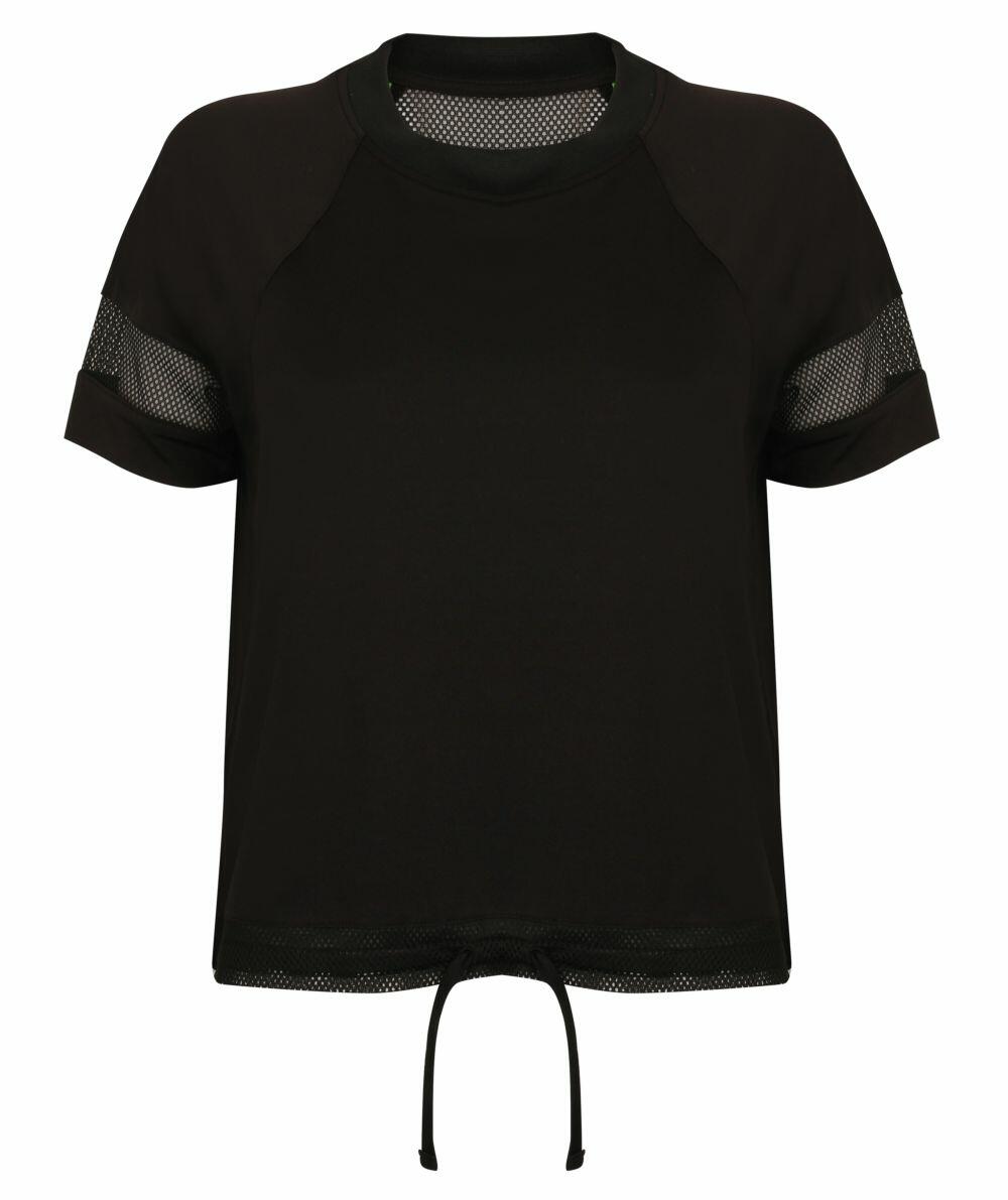 The Tombo TL526 is a black short-sleeve sports top featuring mesh panel details on the sleeves and hem, along with a drawstring at the bottom.