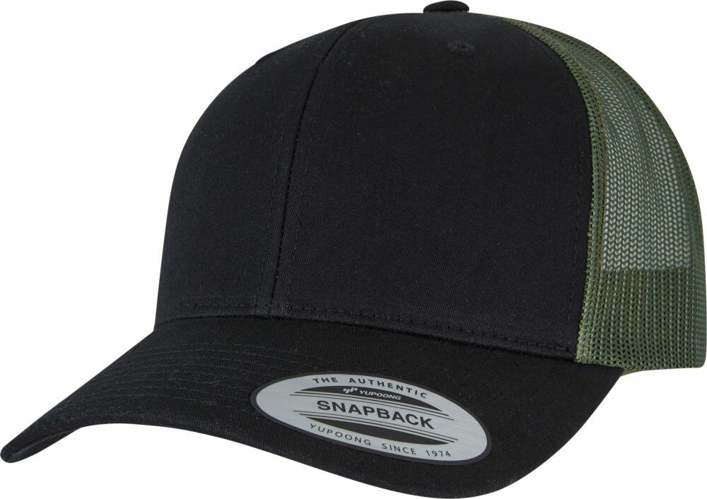 A Flexfit By Yupoong YP237 black snapback cap featuring a green mesh back and a circular sticker on the brim.