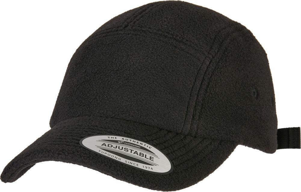 Flexfit By Yupoong's YP242 is a black fleece baseball cap with an adjustable strap and a sticker on the brim.