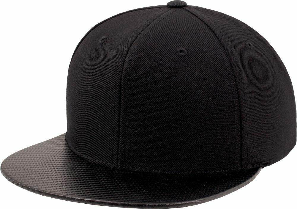 The YP079 by Flexfit By Yupoong is a black baseball cap featuring a flat brim and textured pattern.