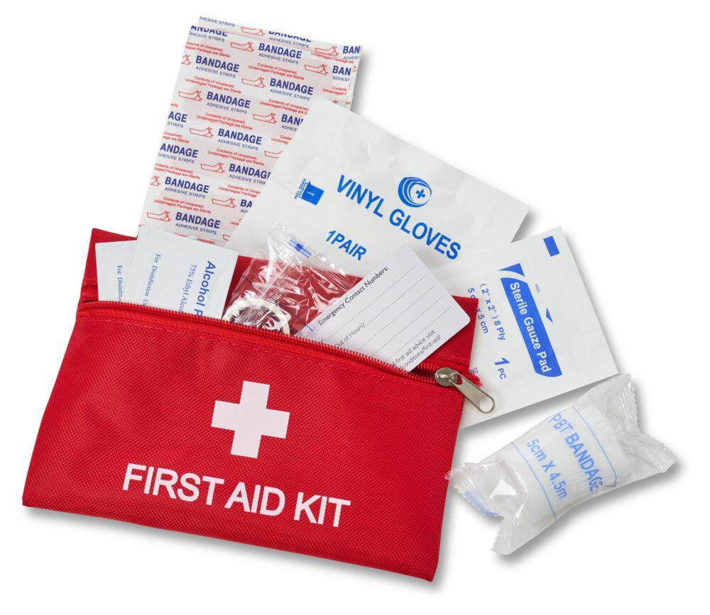 The Home & Living HL035 is a red first aid kit featuring a white cross emblem and includes bandages, vinyl gloves, alcohol pads, along with various other medical supplies.