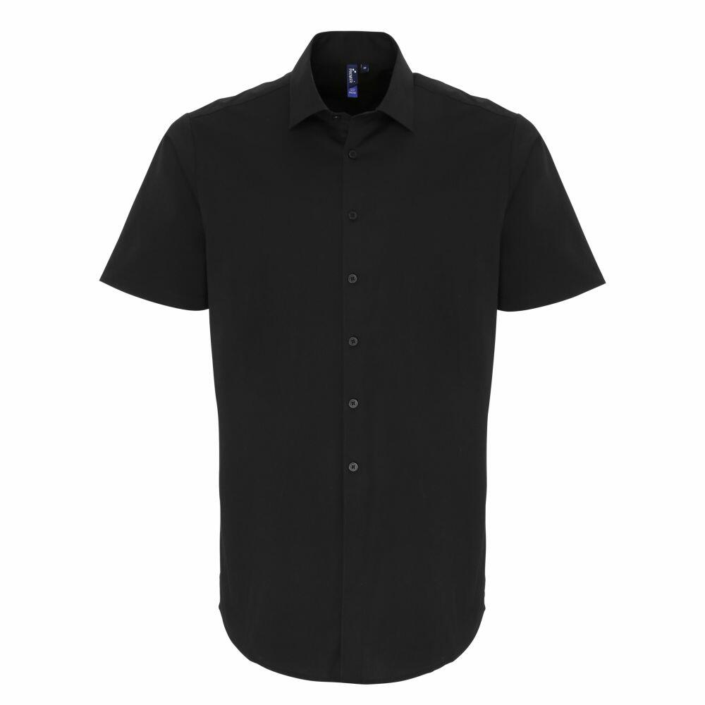 Premier's PR246 shirt, featuring a black short-sleeve button-up design, is displayed against a white background.