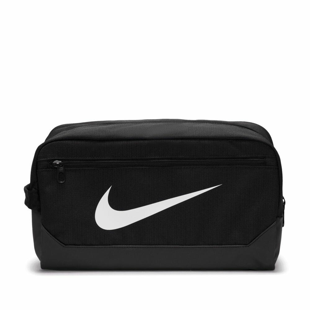 Nike's NK362 toiletry bag features a sleek black design accented with the iconic white swoosh logo on the front, complemented by a convenient zippered pocket.