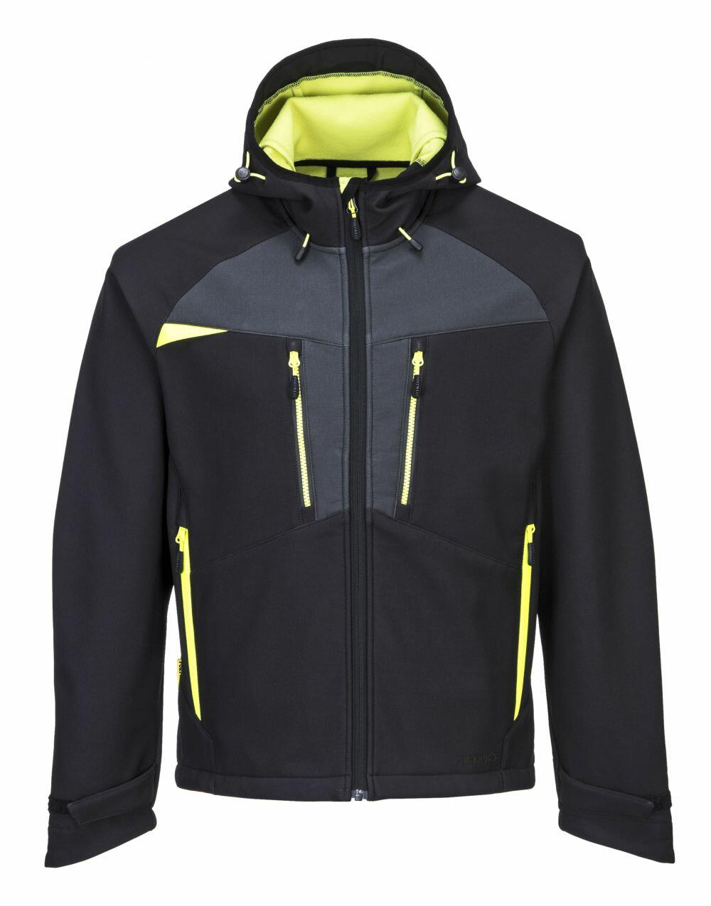 The Portwest PW263 jacket is designed in black and gray with neon yellow accents, and includes a hood along with zippered pockets.